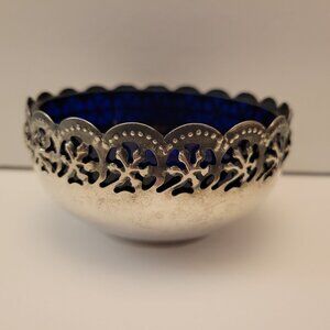 Vintage Silver-Plated Cobalt Blue Glass Bowl With Filigree Design